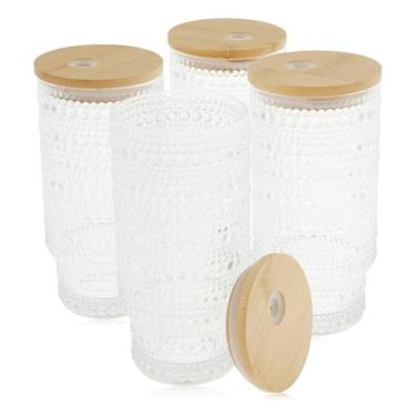 Imagem de kaimenhong Conjunto de 4 copos de 340 g com tampas de bambu e escova de canudos, copos de vidro, copos reutilizáveis para café gelado, vitaminas, cerveja, suco e chá, sem BPA (modelo 1)