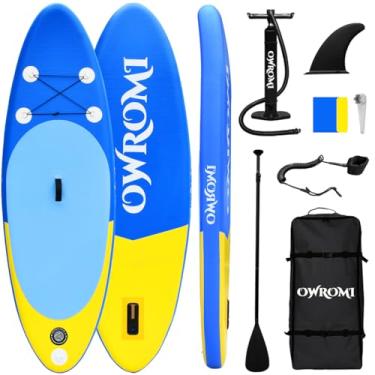Imagem de Prancha de Stand Up Paddle infantil com acessórios infláveis de SUP, prancha inflável antiderrapante confortável para crianças, durável, barbatana leve para jovens e crianças (azul/amarelo, 2,5 m x 76