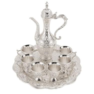 Imagem de Phefop Copos de Vinho de Metal, Conjunto de Panela de Liga Vintage, Artesanato Requintado de Relevo, Eletroplicação, à Prova de Ferrugem, à Prova de água, chá de chá Vestível Com Xícara (Prata+branco)