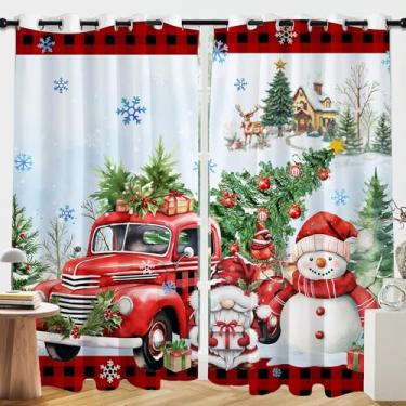 Imagem de Cortinas blackout Merry Christmas, cortina de boneco de neve para sala de estar, quarto, caminhão vermelho, preto, 160 cm de comprimento para sala de jantar, tratamento de janela de inverno com ilhós