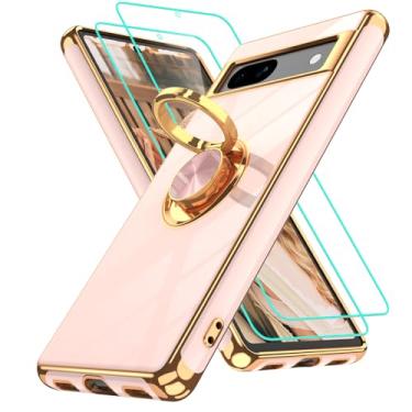 Imagem de Gritup Capa para Google Pixel 7A | 2 peças protetoras de tela | Suporte magnético de rotação de 360° | Revestimento dourado macio TPU protetor básico para celular Pixel 7A rosa