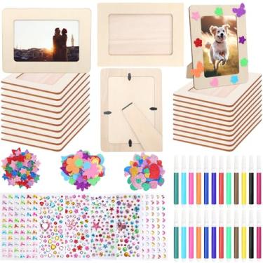 Imagem de SAYAYA Pacote com 53 porta-retratos kit de artesanato de madeira para fotos de 10 x 15 cm com 6 adesivos de zircão, 3 sacos de adesivos Eva, 24 canetas coloridas para artesanato DIY