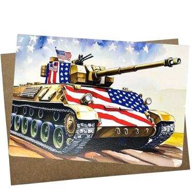 Imagem de Cartão comemorativo patriótico militar tanque, vermelho, branco, azul, 12 x 18 cm, cartolina branca premium com envelope Kraft, feito nos EUA - 1228