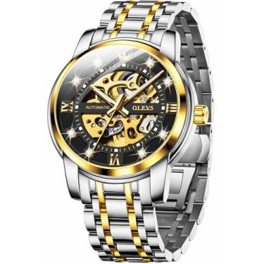 Imagem de OLEVS Relógio masculino automático esqueleto diamante luxuoso mecânico automático relógio de pulso à prova d'água luminoso, G9901: pulseira de dois tons e mostrador preto