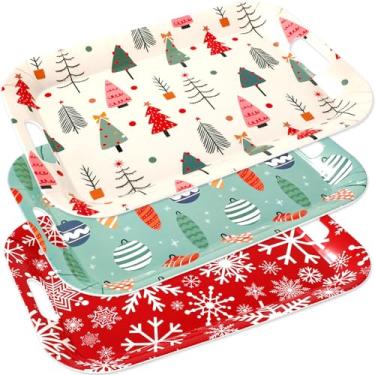 Imagem de JarThenaAMCS 3 bandejas de Natal Boho para servir com bolas de árvore de Natal e floco de neve com alças, pratos de servir reutilizáveis para festas de inverno, lanches e sobremesas de frutas