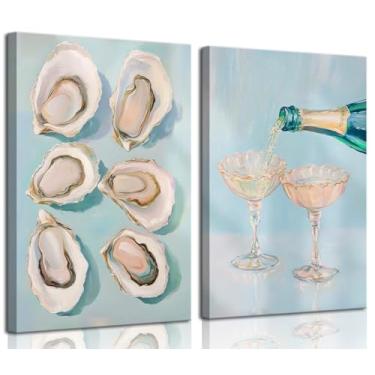 Imagem de 2 peças de arte de parede em tela de concha de ostra funky bar carrinho coquetel decoração de parede imagens pastel azul vinho champanhe pôsteres impressão feminina costeira estética casa de praia