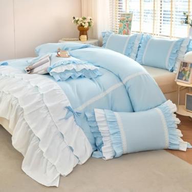 Imagem de UGEYAO Capa de edredom com babado azul, microfibra lavada, casa de fazenda, boêmio, chique, 2 peças, vintage, estética, francesa, campo, solteiro, extramacia e respirável