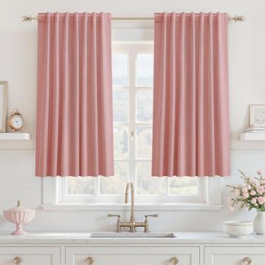 Imagem de UHITECH Cortinas blecaute rosa blush 113 cm de comprimento cortinas de linho para sala de estar para quarto, painéis de janela pequena, aba traseira, isolamento térmico, cancelamento de ruído