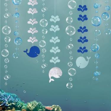 Imagem de Guirlanda de bolhas de baleia azul branca com glitter, sob o mar, pequena sereia, verão, praia, oceano, festa, decoração, piscina, flâmula pendurada, bolhas, pano de fundo de aniversário para crianças