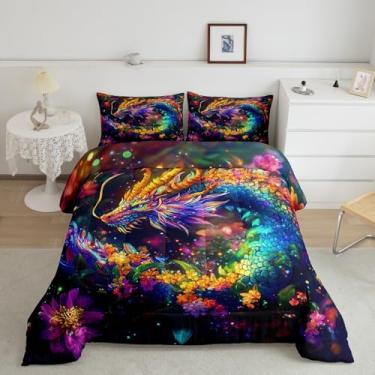 Imagem de Feelyou Jogo de cama king size com dragão, flor, dragão, para meninos e adolescentes, vida selvagem, conjunto de edredom para decoração de quarto, conjunto de colcha