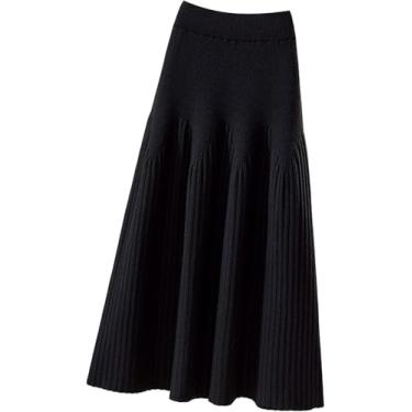 Imagem de Saia De Malha Feminina Cintura Alta Saia Evasê Sólida Plissada Saias De Tricô Guarda-chuva Midi, Black, M