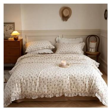 Imagem de Conjunto de capa de edredom floral 100% algodão, lençol e fronha, macio e respirável, com borda de babados (4 200 x 220 cm)