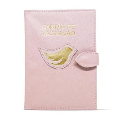 Imagem de Porta Cartão de Vacinação em Couro, Capa Protetora com Detalhe de Pássaro Dourado para Bebês (Rosa bebê)