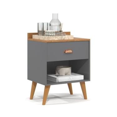 Imagem de Mesa de cabeceira vintage com palito de dente pés e 2 gavetas(PÉROLA - CINZA/FREIJÓ)