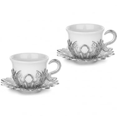 Imagem de Alisveristime Conjunto de xícaras de café turco de 2 peças com suportes e pires Zamac – Design elegante otomano com 2 opções de cores (prata)