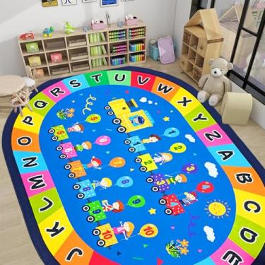 Imagem de USTIDE Tapete oval grande infantil 1,5 m x 25 cm, alfabeto ABC, números, letras, oval, sala de aula, trem fofo, antiderrapante, tapete de área de aprendizagem infantil para quarto, sala de jogos, sala