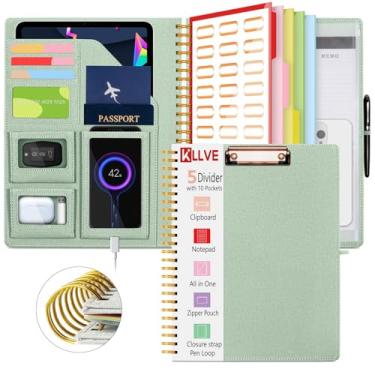 Imagem de KLLVE Sauge Prancheta dobrável em espiral com bolsa de armazenamento com zíper, 5 pastas de plástico com bolsos, bloco de notas forrado recarregável (21,6 cm x 28 cm), organizador de projetos de capa
