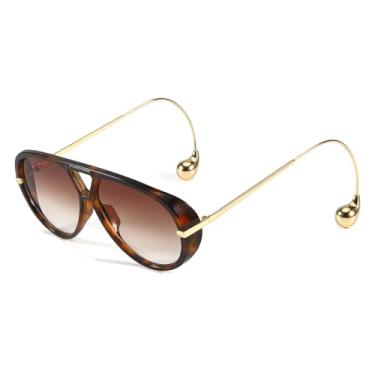Imagem de Óculos de sol aviador vintage grandes para mulheres com brinco 2025 Designer óculos de sol femininos, Castanho tartaruga