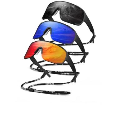 Imagem de Óculos de sol esportivos para ciclismo masculino e feminino, lentes polarizadas com cordas, para corrida ao ar livre, pacote com 3, preto/azul escuro/vermelho