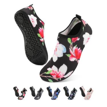 Imagem de Sapatos aquáticos de secagem rápida, meias aquáticas, sapatos de piscina unissex, Flor preta, 5.5-6.5 Women/4.5-5.5 Men