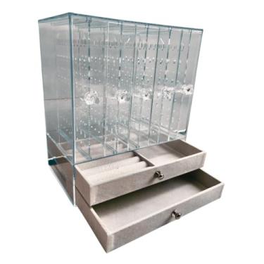 Imagem de Porta Joias Organizadora Acrilico E Camursa Aveludade Cinza Expositor Para Brincos Colares Pulseiras Braceletes Aneis Pinjentes Bijuteria Prata Ouro Com Gavetas