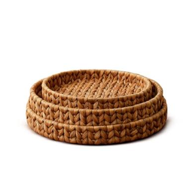Imagem de Conjunto de Bandejas Redondas em Folha de Alga Natural, 3 Pe�as, 25/30/35 cm, Artesanal Al�as Estilo R�stico Natural, palhinha