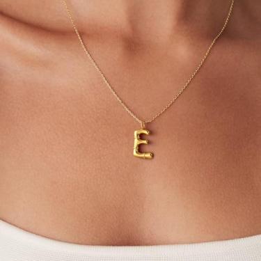Imagem de Colar com pingente de letra inicial estilo bambu pingente de monograma personalizado em aço inoxidável para uso diário e, F, Aço inoxidável, Sem Pedra Preciosa