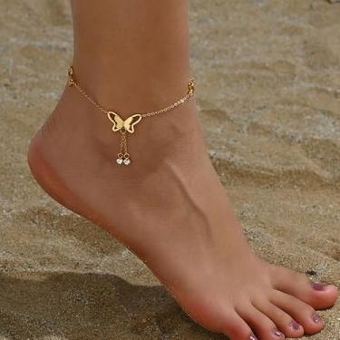 Imagem de Tornozeleira com pingente de borla borboleta para mulheres, cor dourada, aço inoxidável, corrente delicada, tornozeleira de verão, praia, decoração de pés, joias modernas, presente