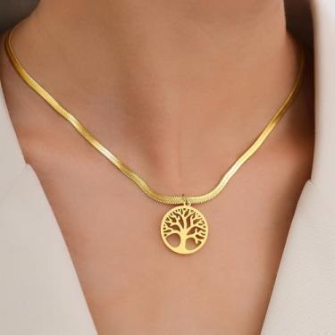Imagem de Colar feminino banhado a ouro 14 K - Colar com pingente de árvore da vida delicada, hipoalergênico e não mancha, presentes personalizados com tema de inverno joias modernas, 17.72", Aço inoxidável