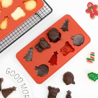 Imagem de Molde de chocolate de silicone de Natal com 3 designs festivos (árvore, Papai Noel, Urso) - Molde vermelho de 8 cavidades para chocolate, cubos de gelo, geleia, cupcakes - Livre de BPA e lavável na