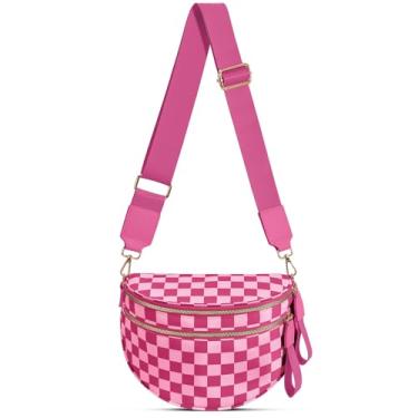Imagem de Bolsa transversal de nylon quadriculada para mulheres, pochete espaçosa, bolsa transversal quadriculada para cinto, Xadrez rosa, 12.2 x 5.51 x 8.66 inches, Moderno