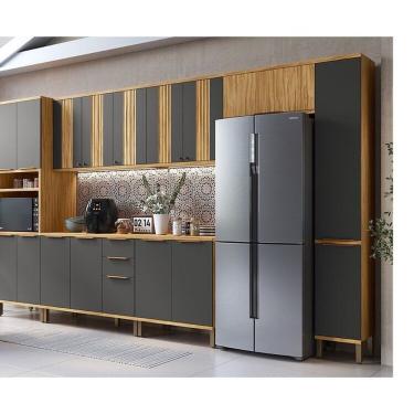 Imagem de Cozinha Modulada Completa 7 Peças 16 Portas E Tampo 385cm 100% Mdf Noruega Canelada Espresso Móveis Amêndoa-chumbo