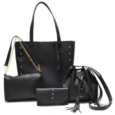Imagem de Kit Bolsa Feminina 4 Peças: Bolsa de Ombro e Carteira (Preta)