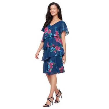Imagem de S.L. Fashions Vestido feminino de manga curta floral de chiffon para coquetel primavera/verão, vestido de convidada de casamento, Azul-marinho multi, 44