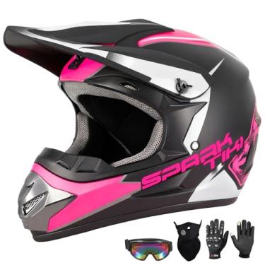 Imagem de Conjunto de 4 peças de capacete de motocross para crianças (máscara facial de luvas), aprovado pelo DOT, capacetes de motocicleta para meninas, capacete de motocicleta off-road ATV BMX MX (rosa, GG)