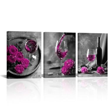 Imagem de Visual Art Decor Arte de parede de cozinha, rosa, pintura de taça de vinho, pôster para decoração de parede de sala de jantar, emoldurado 30 x 40 cm x 3 peças (magenta)