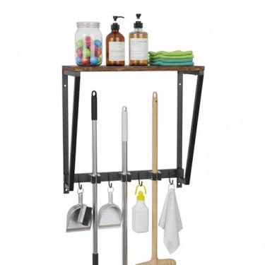 Imagem de Suporte de parede para vassoura com 3 compartimentos de armazenamento e 4 ganchos utilitários, gancho de esfregão multifuncional de madeira rústica, organizador de suprimentos de limpeza e rack de