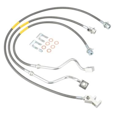 Imagem de Racewill Linhas de freio dianteiras e traseiras 89717, kit de linha de freio estendida de aço inoxidável compatível com Ford Super Duty 4WD F250/F350 1999-2004, adequado para elevador de suspensão de