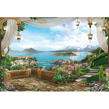 Imagem de DORCEV Cenário de paisagem natural de 2,4 x 1,8 m, paisagem italiana, paisagem italiana, paisagem litorânea e montanhas, mural italiano vintage, primavera, jardim, flores, varanda, vista para cabine