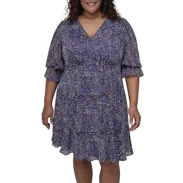 Imagem de DKNY Vestido midi feminino com sobrepeliz e manga esvoaçante, Violeta elétrico multi, 25 Plus Size