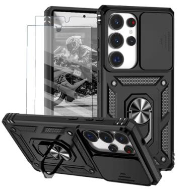 Imagem de Capa para Samsung Galaxy S24 Ultra Capinha | com 2 peças de protetor de tela temperado com janela deslizante da câmera e suporte para telefone incluídos - Preto