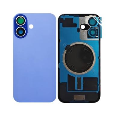 Imagem de 1 peça 2 em 1 tampa traseira de vidro de substituição para iPhone 16 capa de bateria painel de porta de vidro com furo grande peça de substituição com peças pequenas placa de metal magnética (azul)