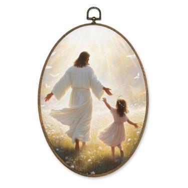 Imagem de KVEKVE Arte de parede oval em tela cristã, decoração de Cristo Jesus, decoração oval para pendurar em tela de Jesus e criança, decorações para casa, quarto, sala de estar, aniversário, 21,8 x 29 cm