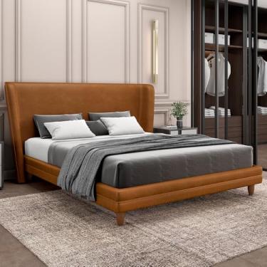 Imagem de Cabeceira Casal Nilo 140cm Com Cama Pés Madeira Suném P05 Couríssimo Whisky - Lyam Decor