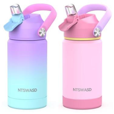 Imagem de Ntswasd Garrafa de água isolada para meninas com canudo, copos infantis de 340 g com aço inoxidável à prova de vazamento para creche escolar (pacote com 2, roxo + rosa)