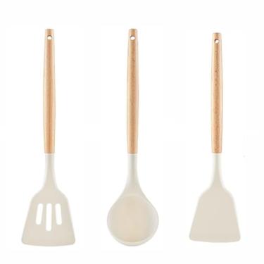 Imagem de Espátula de silicone com cabo de madeira, utensílios de cozinha antiaderentes grandes resistentes ao calor para cozinhar ovos e panquecas