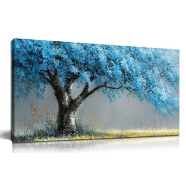 Imagem de CPKATMT Arte de parede em tela árvore da vida para sala de estar imagens azuis decoração de parede para escritório árvore arte de parede para quarto tamanho 50 x 101 cm