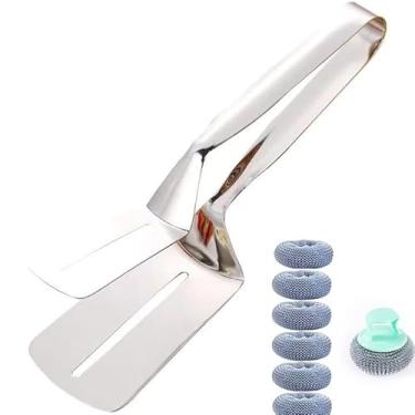 Imagem de 1 clipe de pá dupla face de aço inoxidável, 7 lãs de aço, grampo de grelha, pinças de cozinha, clipe flip de alimentos, grampo multiuso para churrasqueira, flipper, bife, espátula, pinça (1 peça + (7