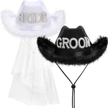 Imagem de Conjunto de chapéus de cowgirl para noiva e noivo, branco e preto, não tecido
