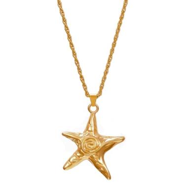 Imagem de Colar feminino delicado de estrela do mar, aço inoxidável, pingente de redemoinho, joia de praia, oceano, ouro, prata, pingente moderno para o verão, Beach Necklace, Latão, Sem Pedra Preciosa